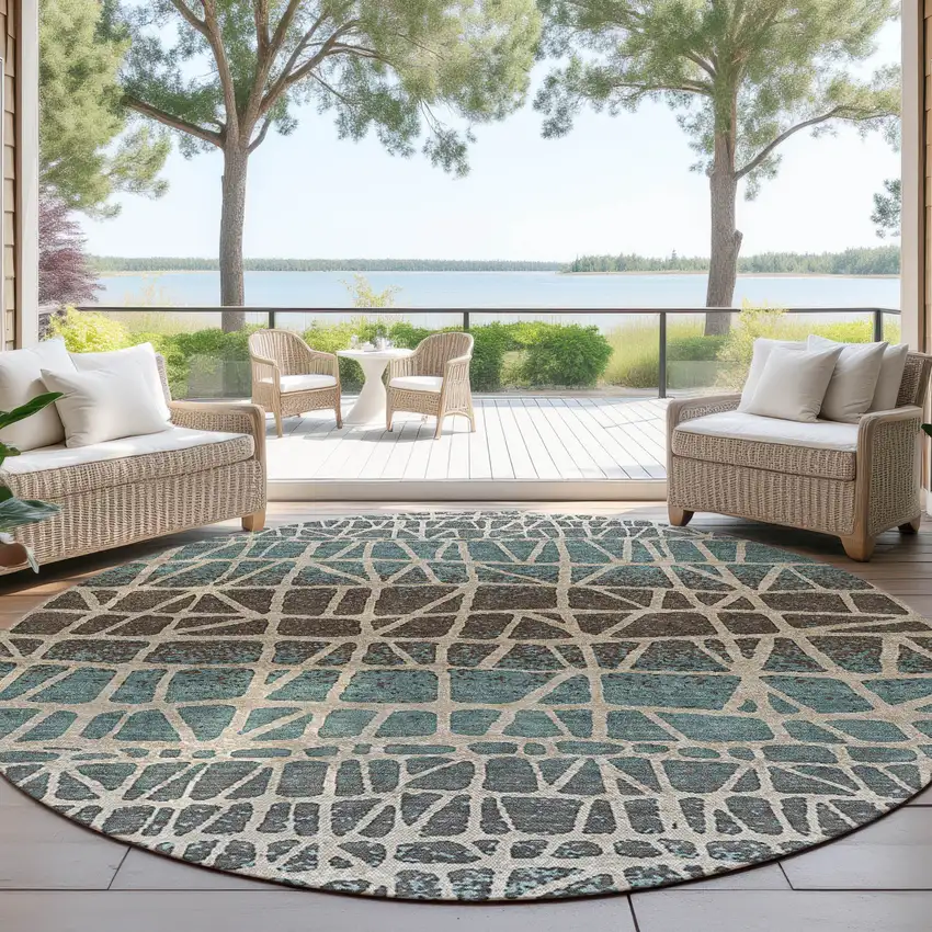 8' Teal Blue Chocolate And Beige Round Geometric Washable Indoor Outdoor Area Rug Photo 4