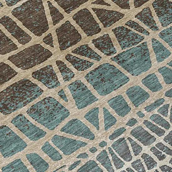 8' Teal Blue Chocolate And Beige Round Geometric Washable Indoor Outdoor Area Rug Photo 9