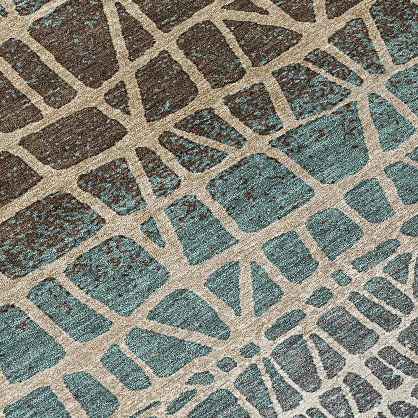 8' Teal Blue Chocolate And Beige Round Geometric Washable Indoor Outdoor Area Rug Photo 9