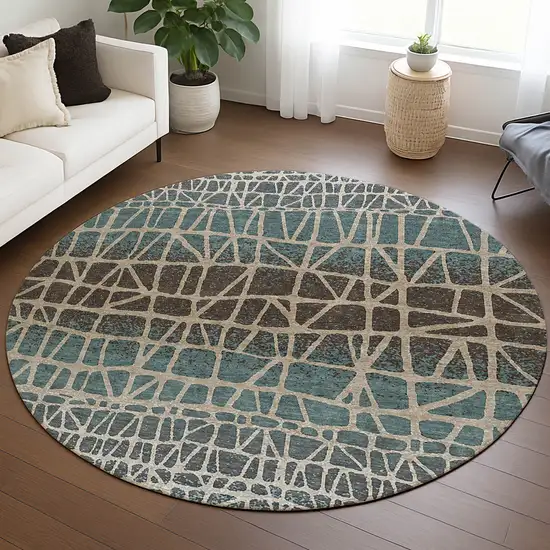 8' Teal Blue Chocolate And Beige Round Geometric Washable Indoor Outdoor Area Rug Photo 5