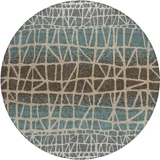 8' Teal Blue Chocolate And Beige Round Geometric Washable Indoor Outdoor Area Rug Photo 1