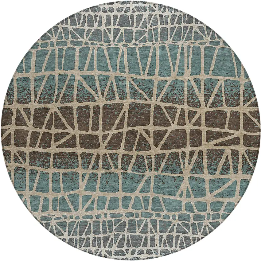 8' Teal Blue Chocolate And Beige Round Geometric Washable Indoor Outdoor Area Rug Photo 1