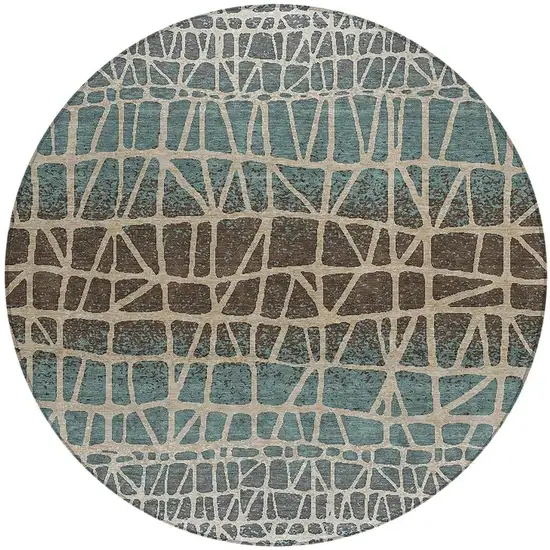 8' Teal Blue Chocolate And Beige Round Geometric Washable Indoor Outdoor Area Rug Photo 3