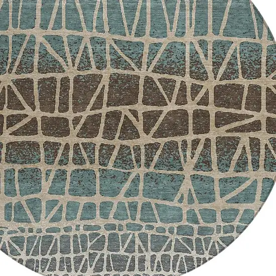 8' Teal Blue Chocolate And Beige Round Geometric Washable Indoor Outdoor Area Rug Photo 2