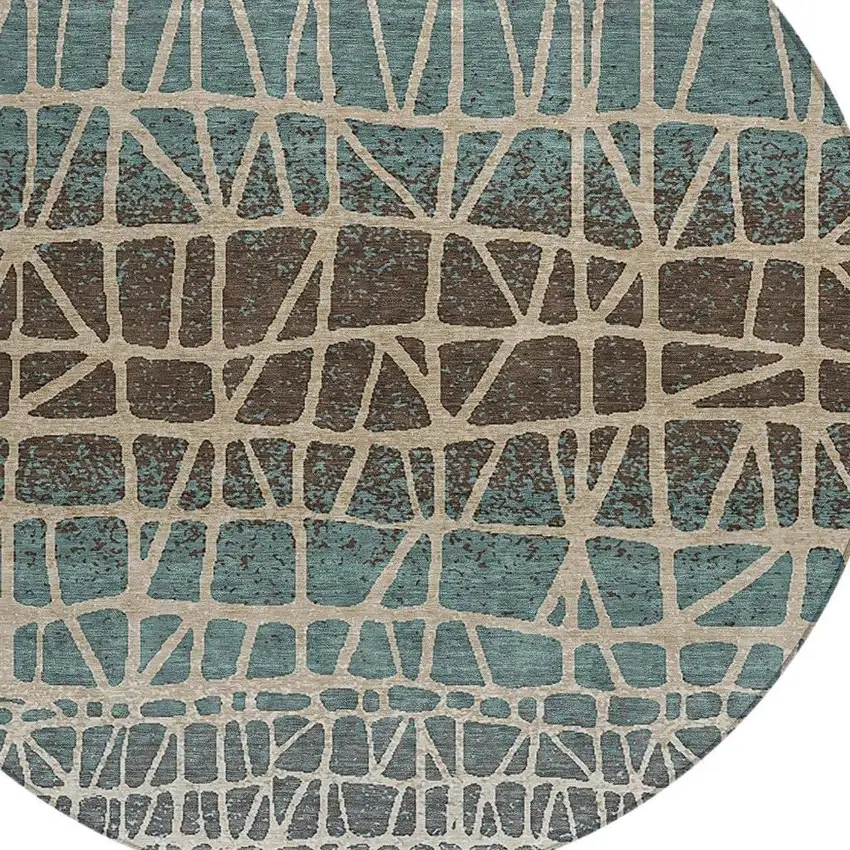8' Teal Blue Chocolate And Beige Round Geometric Washable Indoor Outdoor Area Rug Photo 2