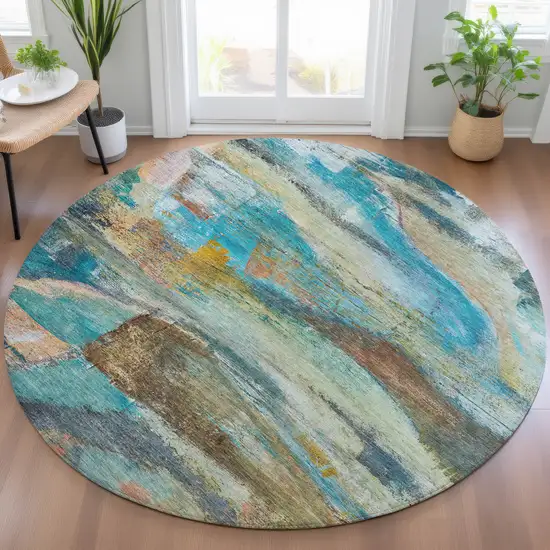 8' Teal Blue Copper And Beige Round Abstract Washable Indoor Outdoor Area Rug Photo 6
