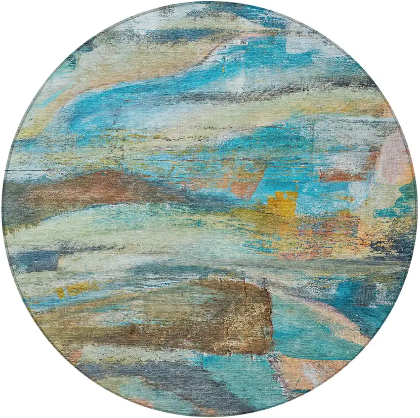 8' Teal Blue Copper And Beige Round Abstract Washable Indoor Outdoor Area Rug Photo 4