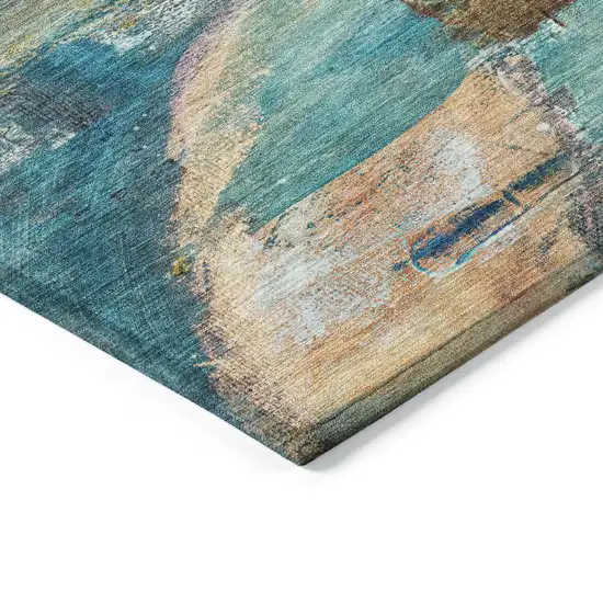 8' Teal Blue Copper And Beige Round Abstract Washable Indoor Outdoor Area Rug Photo 7