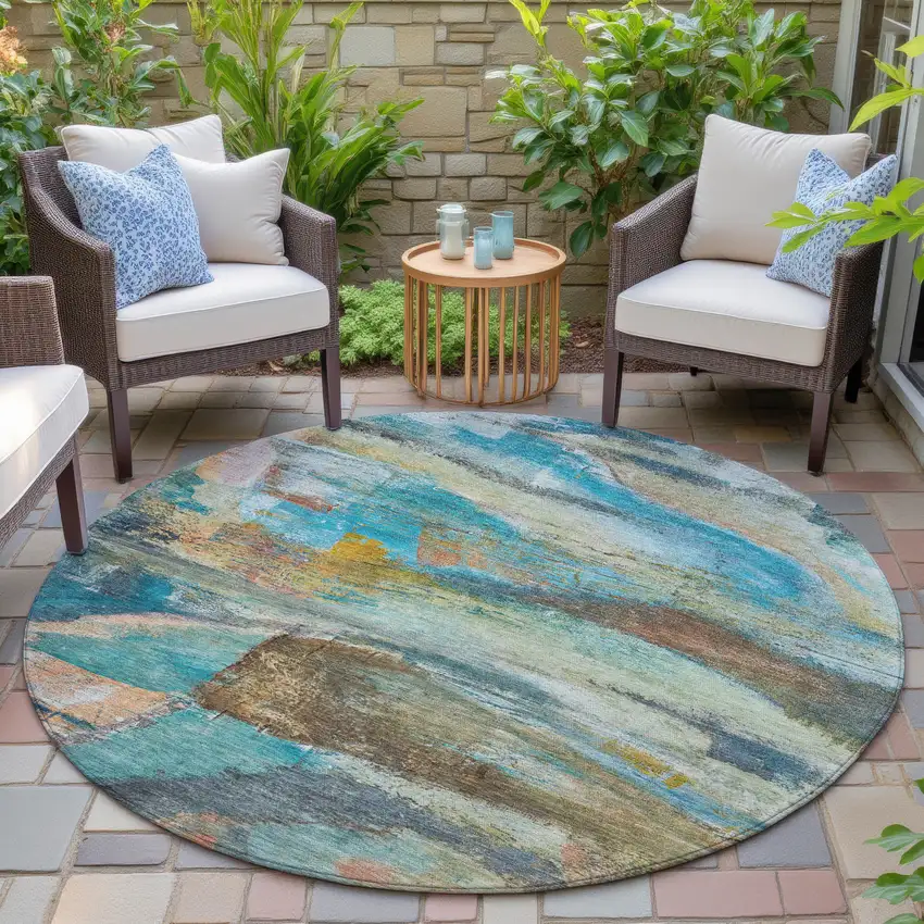 8' Teal Blue Copper And Beige Round Abstract Washable Indoor Outdoor Area Rug Photo 5