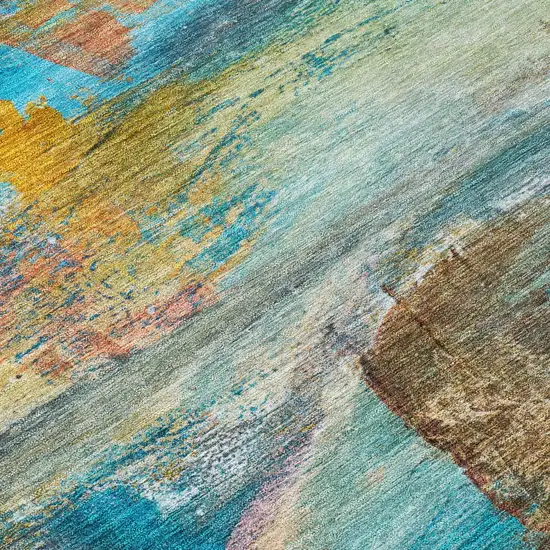 8' Teal Blue Copper And Beige Round Abstract Washable Indoor Outdoor Area Rug Photo 8