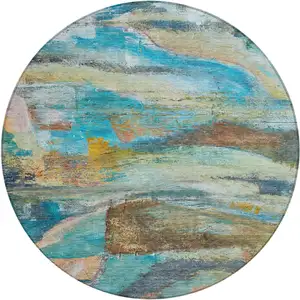 Photo of 8' Teal Blue Copper And Beige Round Abstract Washable Indoor Outdoor Area Rug