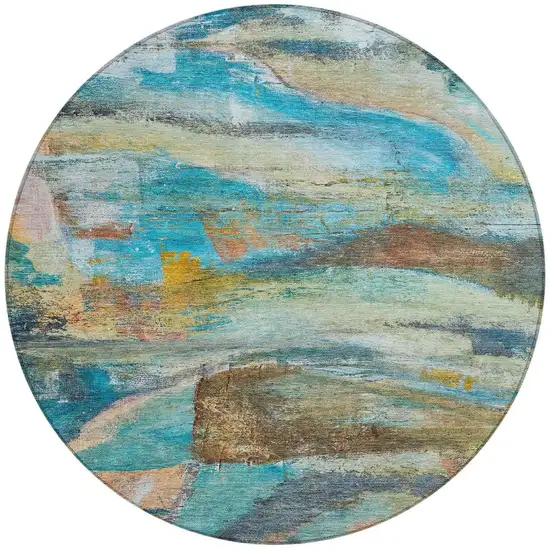 8' Teal Blue Copper And Beige Round Abstract Washable Indoor Outdoor Area Rug Photo 3