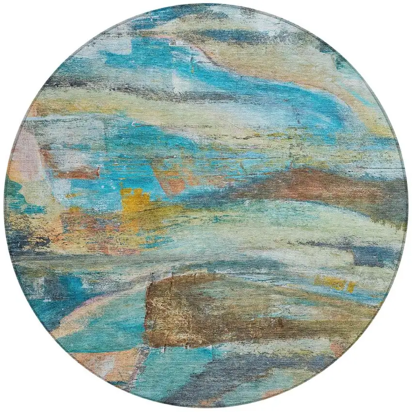 8' Teal Blue Copper And Beige Round Abstract Washable Indoor Outdoor Area Rug Photo 3
