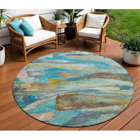 8' Teal Blue Copper And Beige Round Abstract Washable Indoor Outdoor Area Rug Photo 2