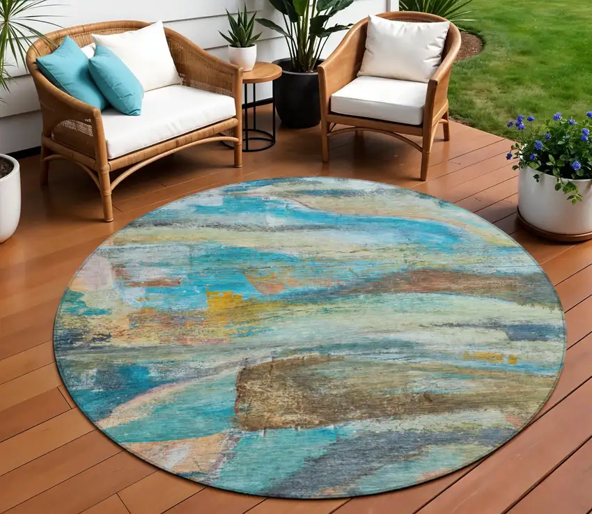 8' Teal Blue Copper And Beige Round Abstract Washable Indoor Outdoor Area Rug Photo 2