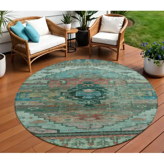 8' Teal Blue Copper And Gold Round Tribal Washable Indoor Outdoor Area Rug Photo 2