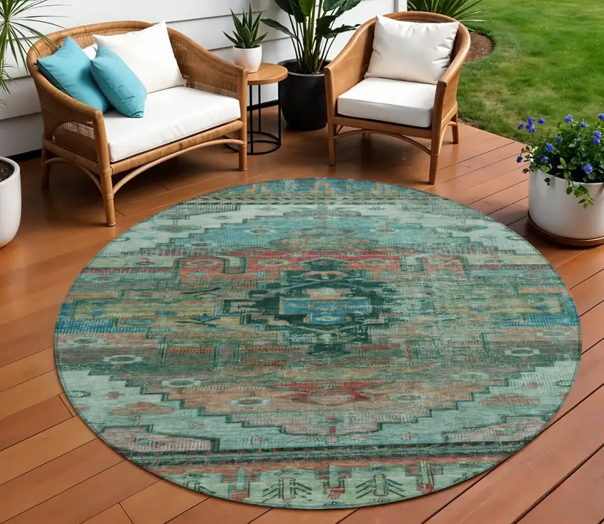 8' Teal Blue Copper And Gold Round Tribal Washable Indoor Outdoor Area Rug Photo 2