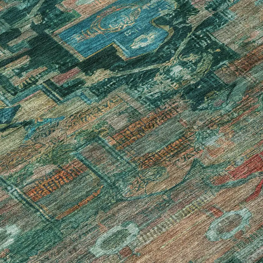 8' Teal Blue Copper And Gold Round Tribal Washable Indoor Outdoor Area Rug Photo 9