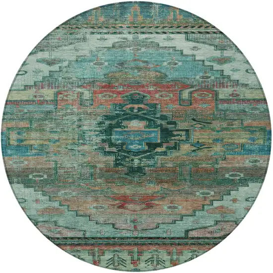8' Teal Blue Copper And Gold Round Tribal Washable Indoor Outdoor Area Rug Photo 4