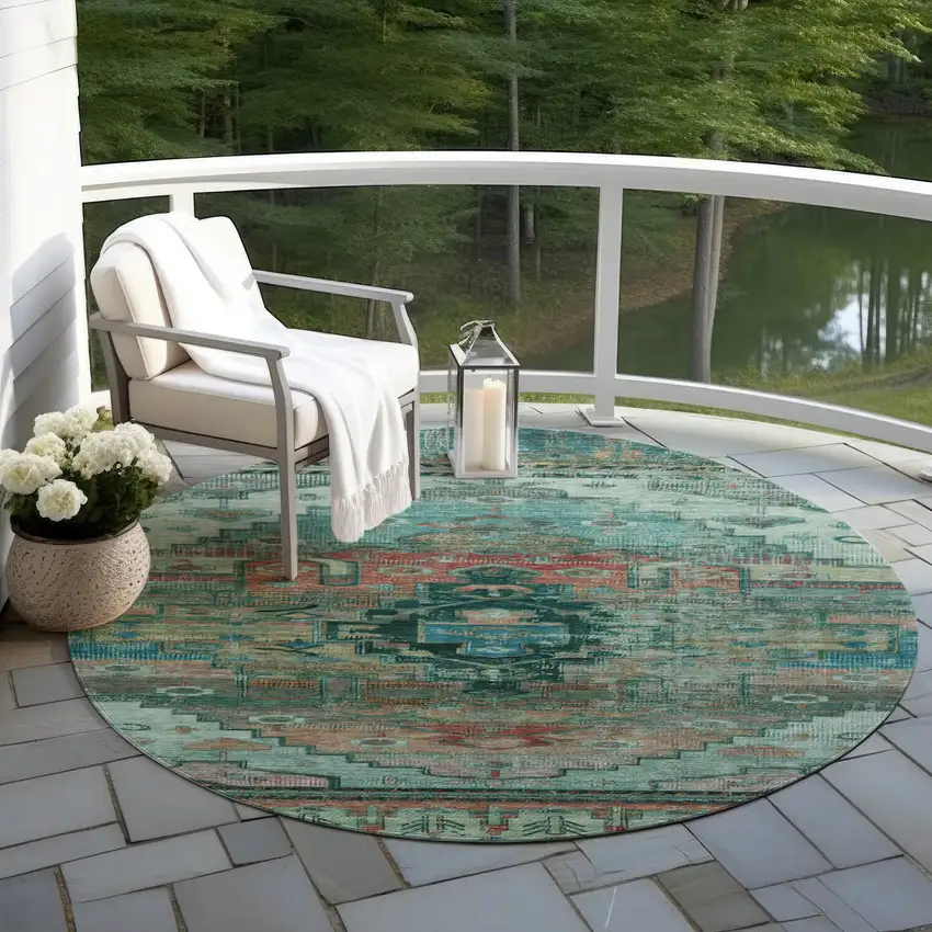 8' Teal Blue Copper And Gold Round Tribal Washable Indoor Outdoor Area Rug Photo 5
