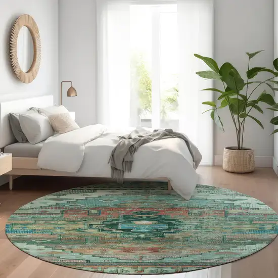 8' Teal Blue Copper And Gold Round Tribal Washable Indoor Outdoor Area Rug Photo 6