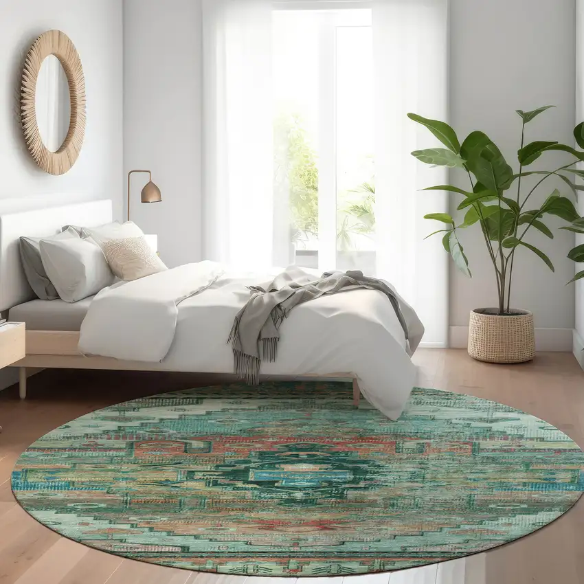 8' Teal Blue Copper And Gold Round Tribal Washable Indoor Outdoor Area Rug Photo 6