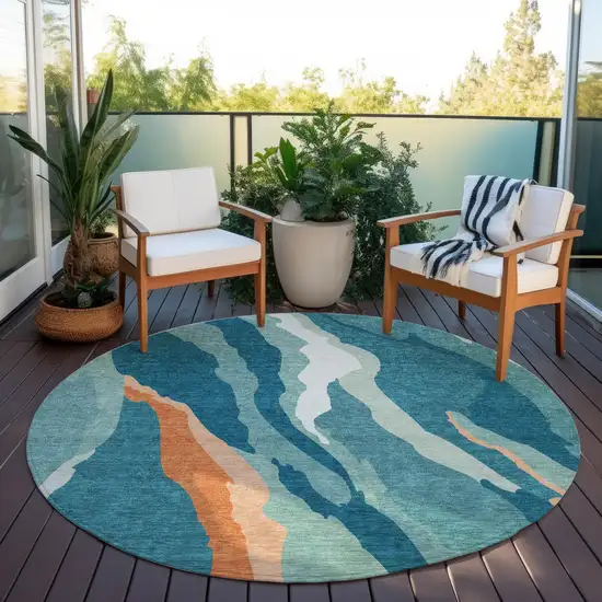 8' Teal Blue Copper And Ivory Round Abstract Washable Indoor Outdoor Area Rug Photo 8
