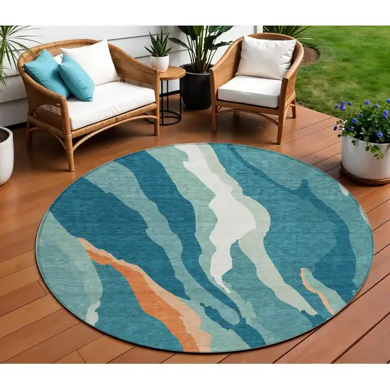 8' Teal Blue Copper And Ivory Round Abstract Washable Indoor Outdoor Area Rug Photo 1