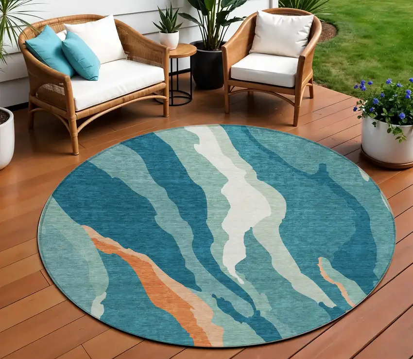 8' Teal Blue Copper And Ivory Round Abstract Washable Indoor Outdoor Area Rug Photo 1