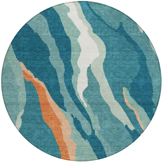 8' Teal Blue Copper And Ivory Round Abstract Washable Indoor Outdoor Area Rug Photo 2