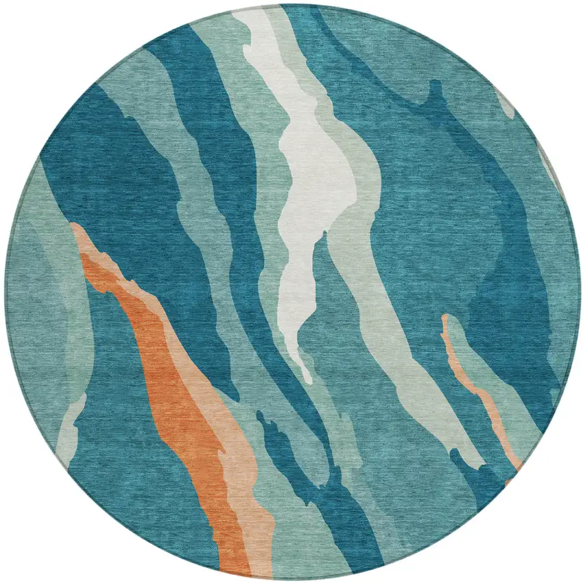 8' Teal Blue Copper And Ivory Round Abstract Washable Indoor Outdoor Area Rug Photo 2