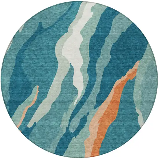 8' Teal Blue Copper And Ivory Round Abstract Washable Indoor Outdoor Area Rug Photo 7