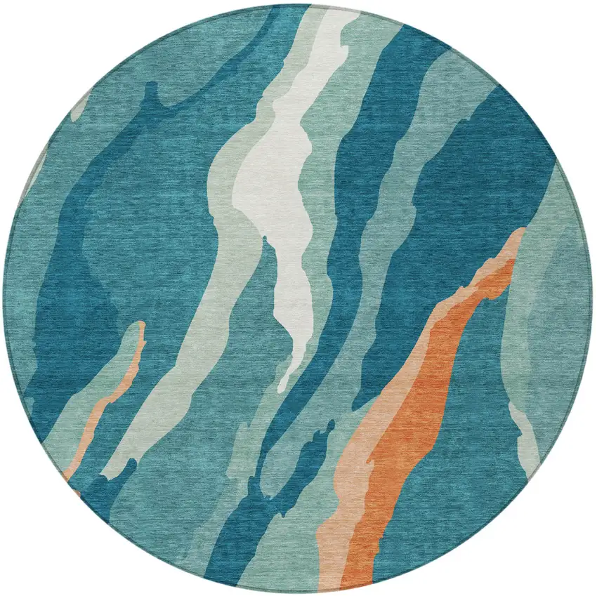 8' Teal Blue Copper And Ivory Round Abstract Washable Indoor Outdoor Area Rug Photo 7