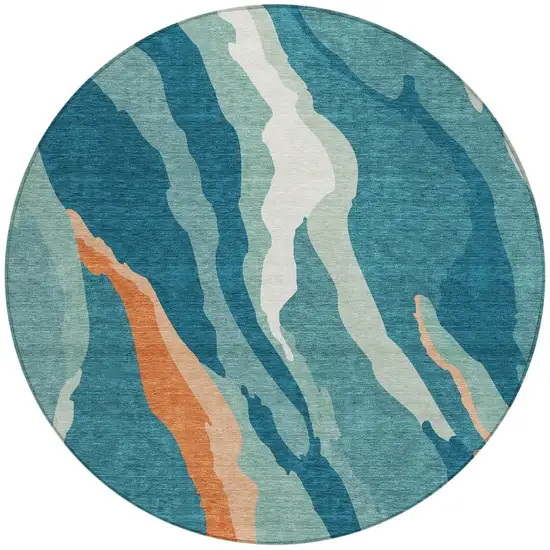 8' Teal Blue Copper And Ivory Round Abstract Washable Indoor Outdoor Area Rug Photo 6