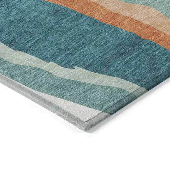 8' Teal Blue Copper And Ivory Round Abstract Washable Indoor Outdoor Area Rug Photo 4