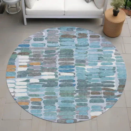 8' Teal Blue Copper And Ivory Round Abstract Washable Indoor Outdoor Area Rug Photo 8