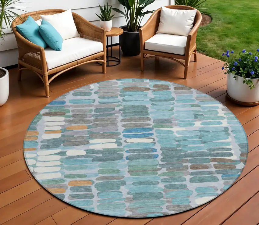 8' Teal Blue Copper And Ivory Round Abstract Washable Indoor Outdoor Area Rug Photo 1