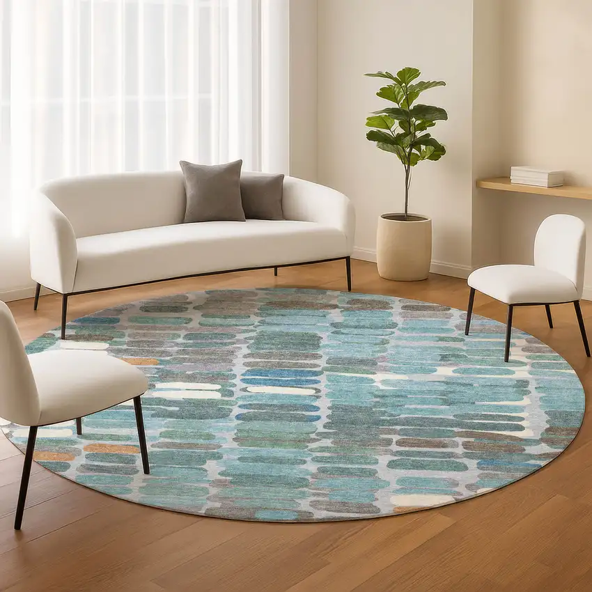 8' Teal Blue Copper And Ivory Round Abstract Washable Indoor Outdoor Area Rug Photo 9