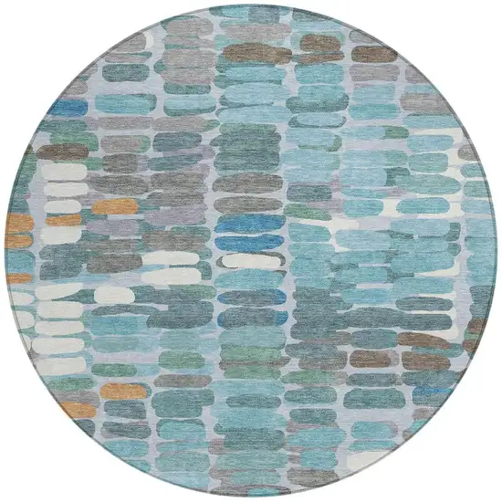 8' Teal Blue Copper And Ivory Round Abstract Washable Indoor Outdoor Area Rug Photo 4