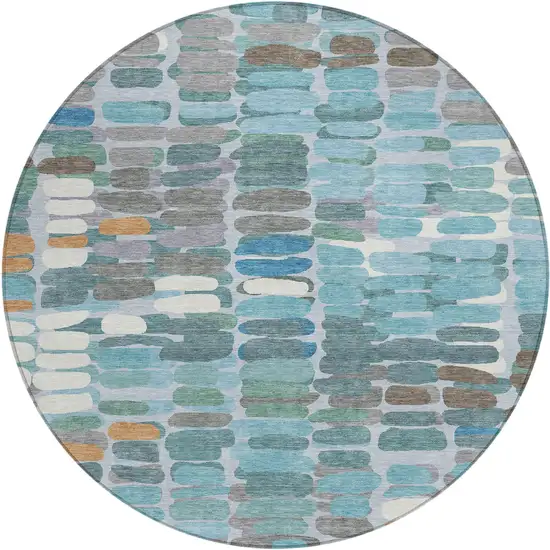 8' Teal Blue Copper And Ivory Round Abstract Washable Indoor Outdoor Area Rug Photo 2