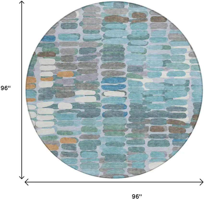 8' Teal Blue Copper And Ivory Round Abstract Washable Indoor Outdoor Area Rug Photo 3