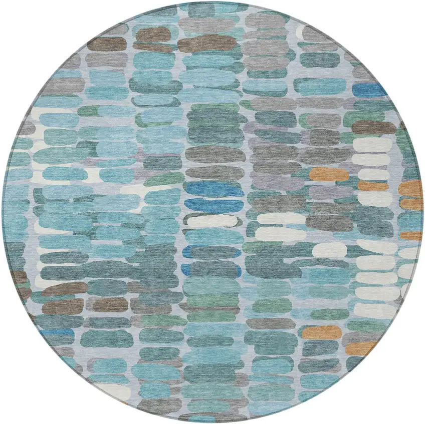 8' Teal Blue Copper And Ivory Round Abstract Washable Indoor Outdoor Area Rug Photo 5