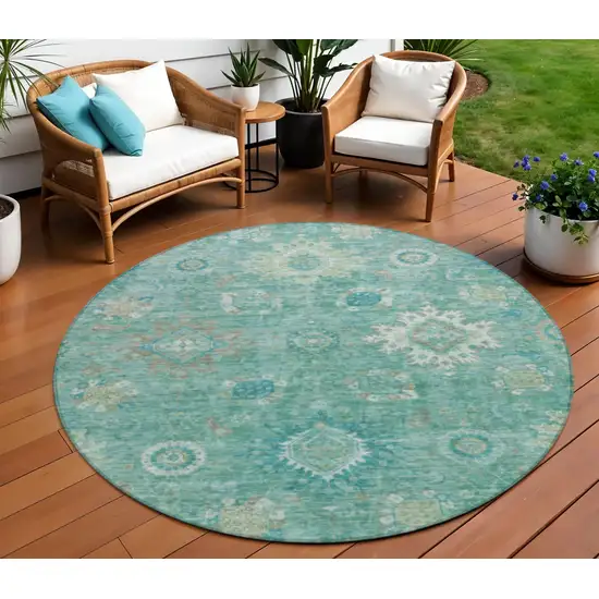 8' Teal Blue Copper And Ivory Round Floral Medallion Washable Indoor Outdoor Area Rug Photo 2