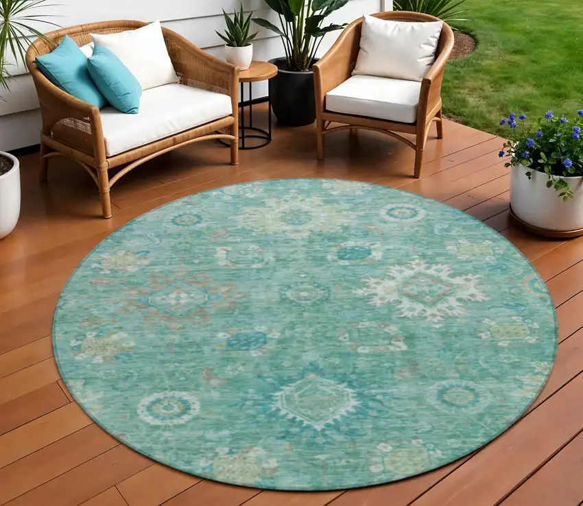 8' Teal Blue Copper And Ivory Round Floral Medallion Washable Indoor Outdoor Area Rug Photo 2