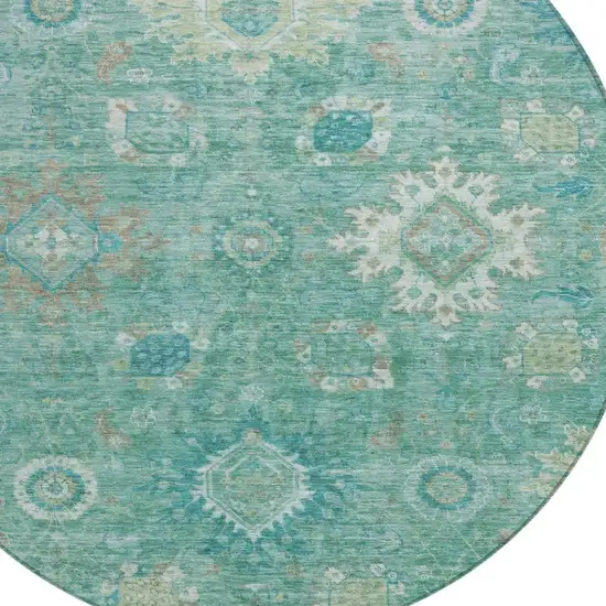 8' Teal Blue Copper And Ivory Round Floral Medallion Washable Indoor Outdoor Area Rug Photo 4