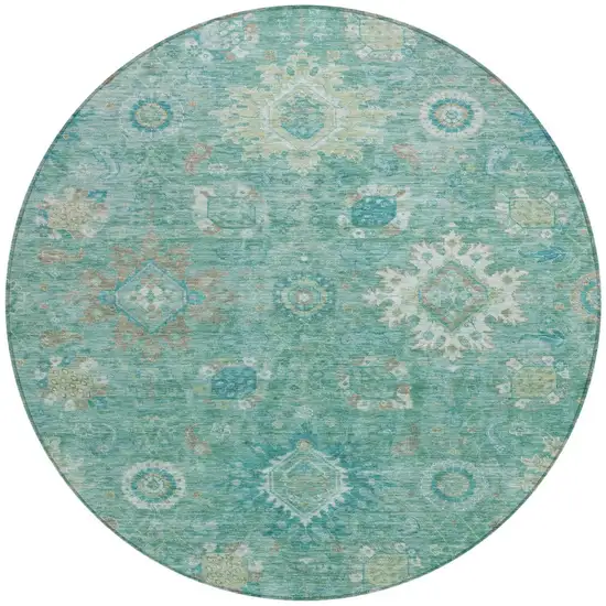8' Teal Blue Copper And Ivory Round Floral Medallion Washable Indoor Outdoor Area Rug Photo 3