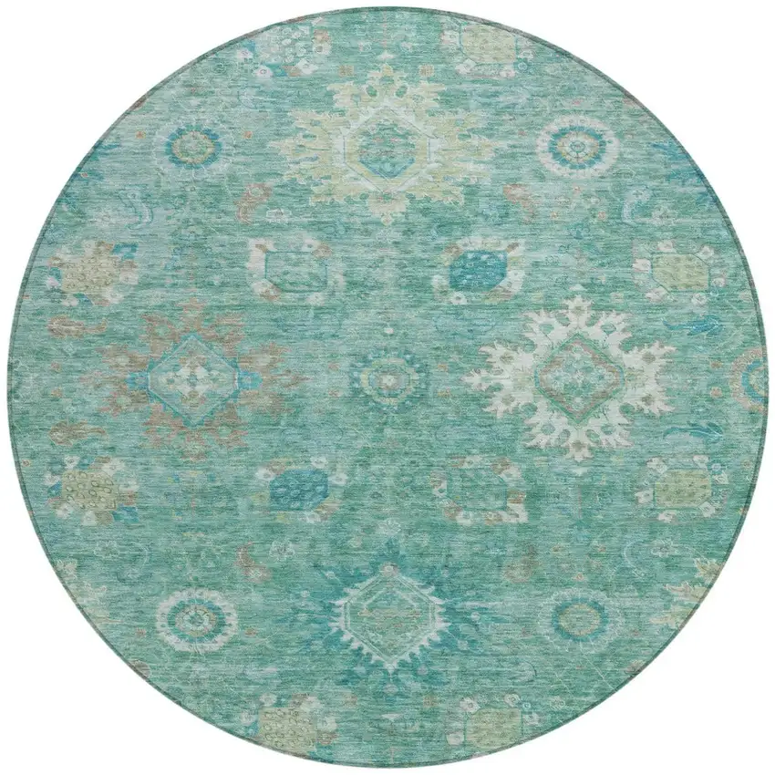 8' Teal Blue Copper And Ivory Round Floral Medallion Washable Indoor Outdoor Area Rug Photo 3