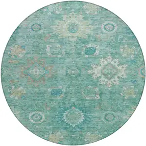 Photo of 8' Teal Blue Copper And Ivory Round Floral Medallion Washable Indoor Outdoor Area Rug