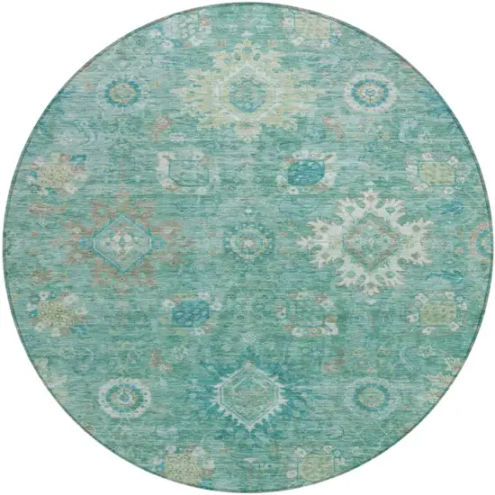 8' Teal Blue Copper And Ivory Round Floral Medallion Washable Indoor Outdoor Area Rug Photo 1