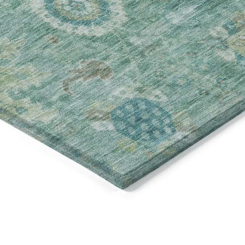 8' Teal Blue Copper And Ivory Round Floral Medallion Washable Indoor Outdoor Area Rug Photo 7